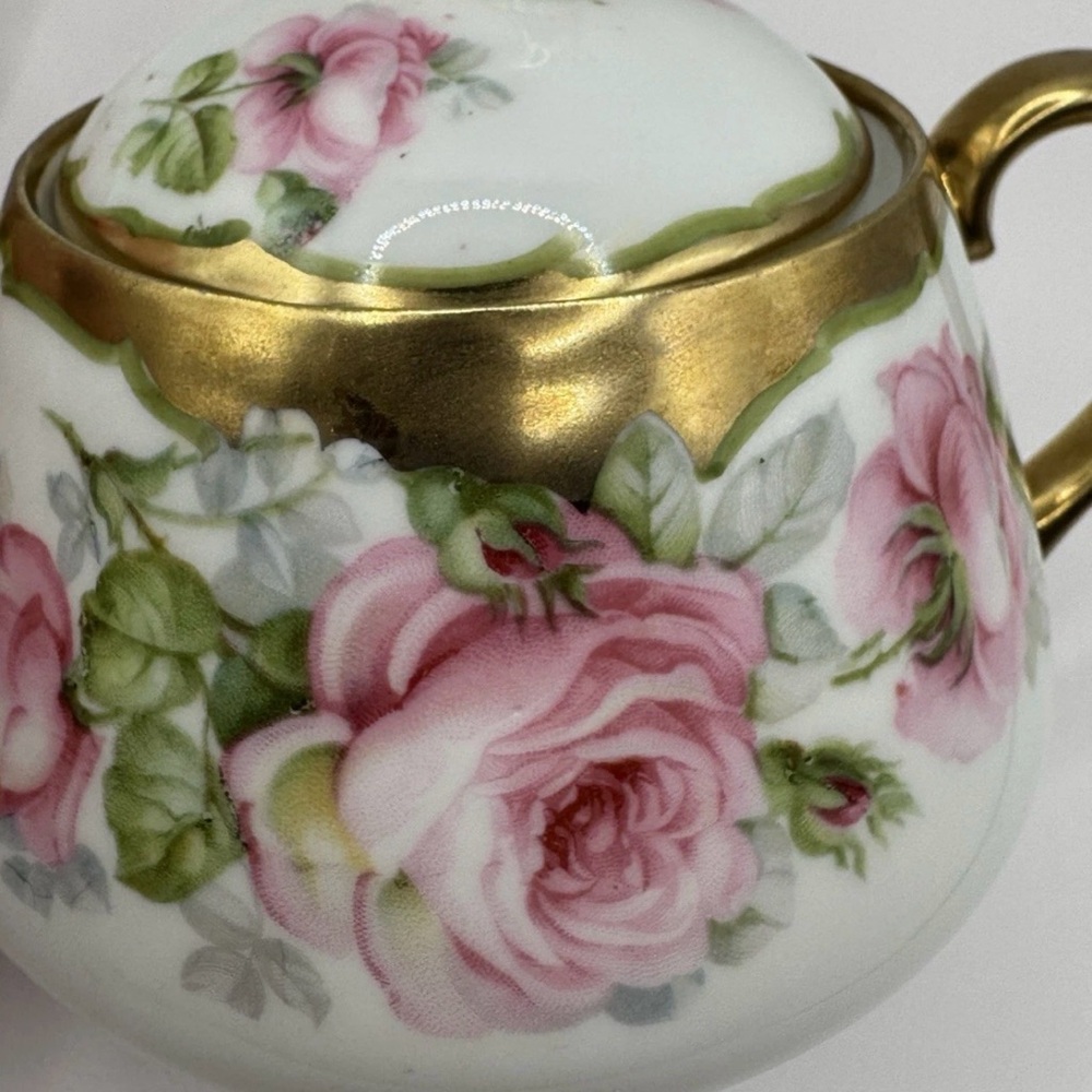 Vintage Bavaria J&C Porcelain Sugar Bowl & Creamer Set Pink Roses Gold Trim #117 - Picture 4 of 10